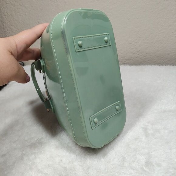 Glossy Green Double Handle Small Purse Gold Zipper - Patent Leather Finish Like - Picture 3 of 8